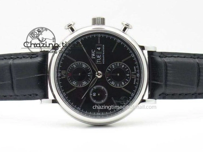 MIROTIME 0420 Portofino Chrono SS Black Dial on Black Leather Strap A Refined 7390